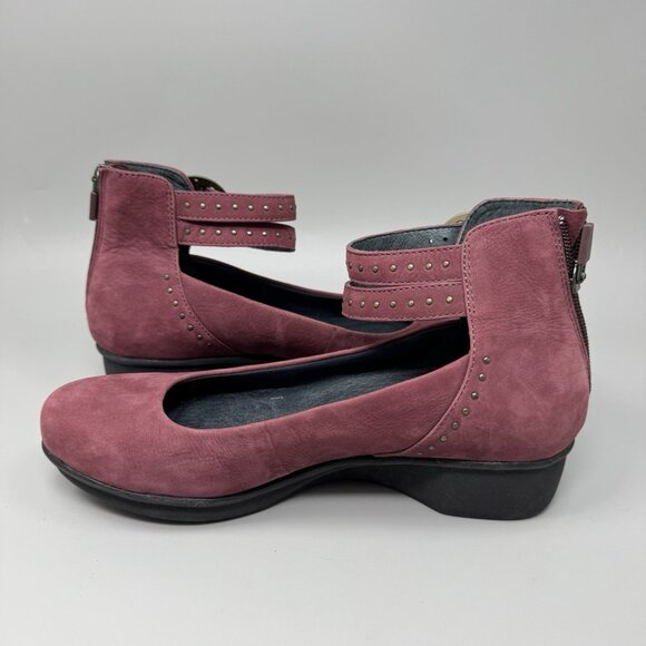 Dansko Lois Burgundy Nubuck Studded Buckle Ankle Strap Wedges Size 8.5 - Picture 2 of 9